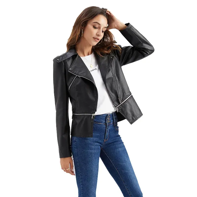 Women Faux Leather Coat Turn Down Collar Full Sleeve Jackets Zipper Casual Splice Coats Short Jacket Sexy Slim Fit Autumn