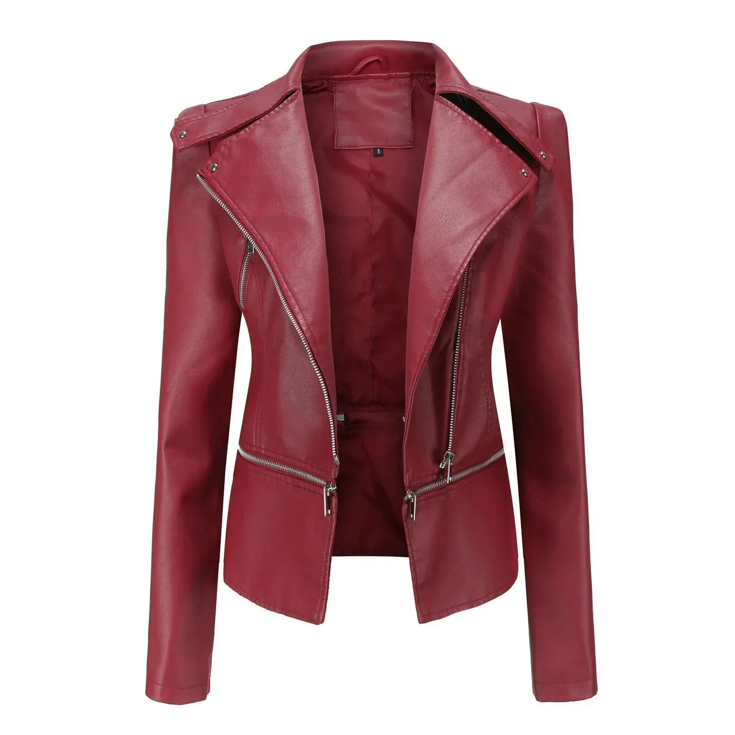 Women Faux Leather Coat Turn Down Collar Full Sleeve Jackets Zipper Casual Splice Coats Short Jacket Sexy Slim Fit Autumn