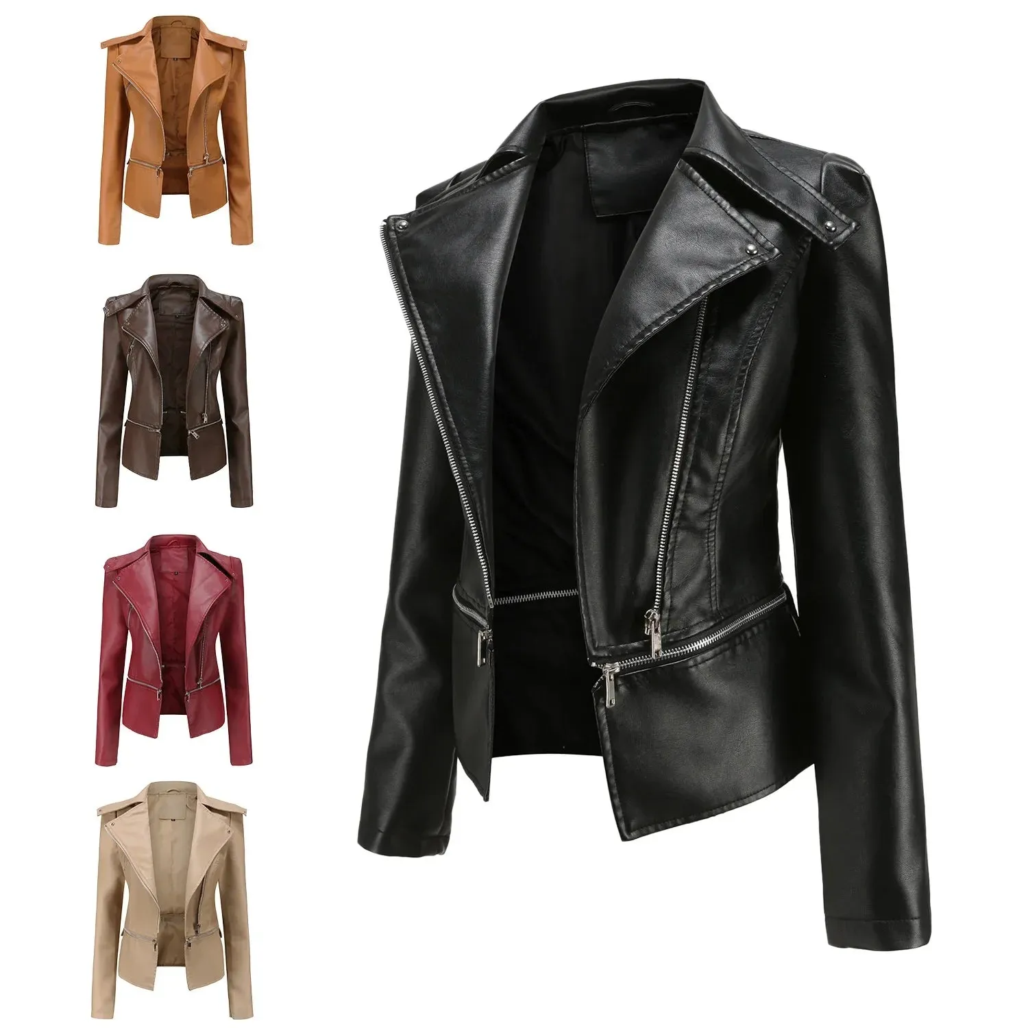 Women Faux Leather Coat Turn Down Collar Full Sleeve Jackets Zipper Casual Splice Coats Short Jacket Sexy Slim Fit Autumn
