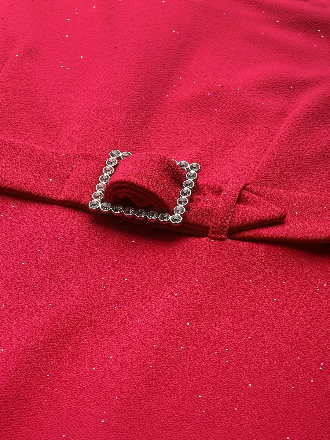 Women Fuchsia Shimmer Square Neck A-Line Belted Dress