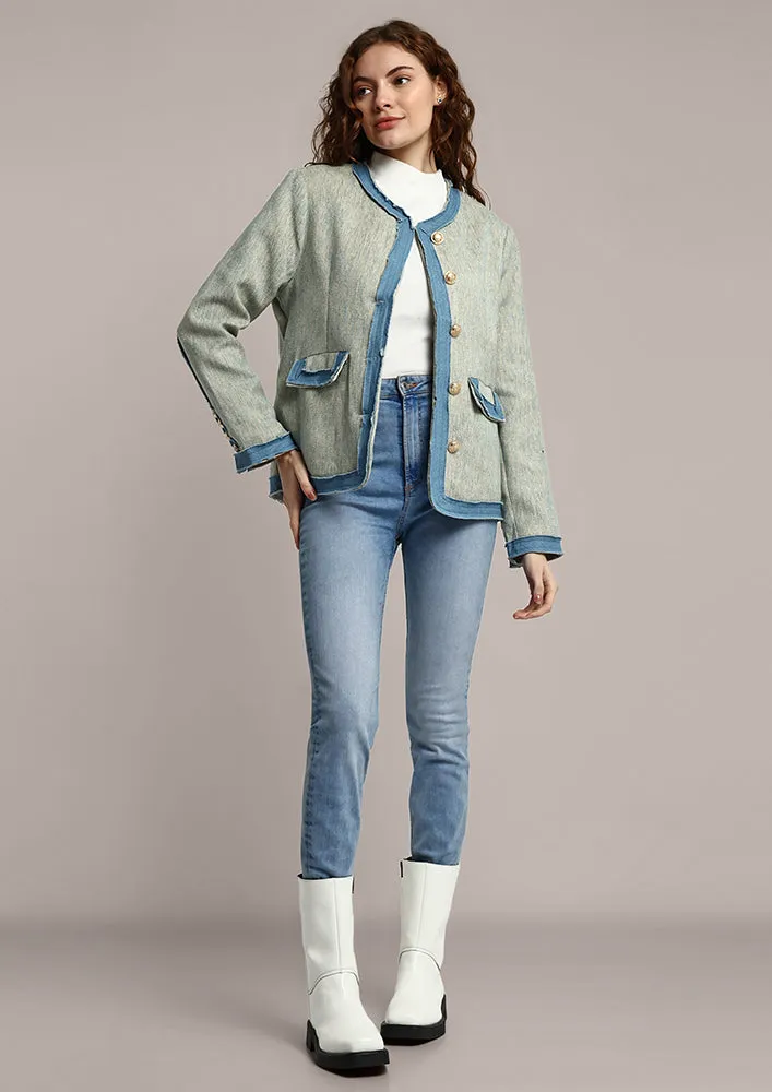 Women Vintage Tweed Blazer With Button Detailing