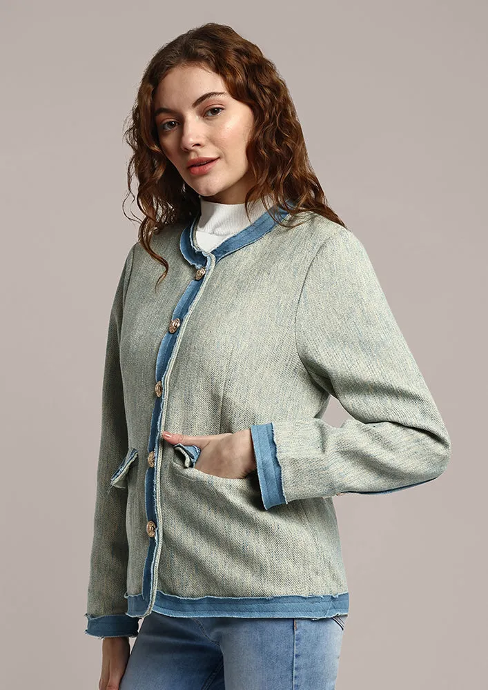Women Vintage Tweed Blazer With Button Detailing