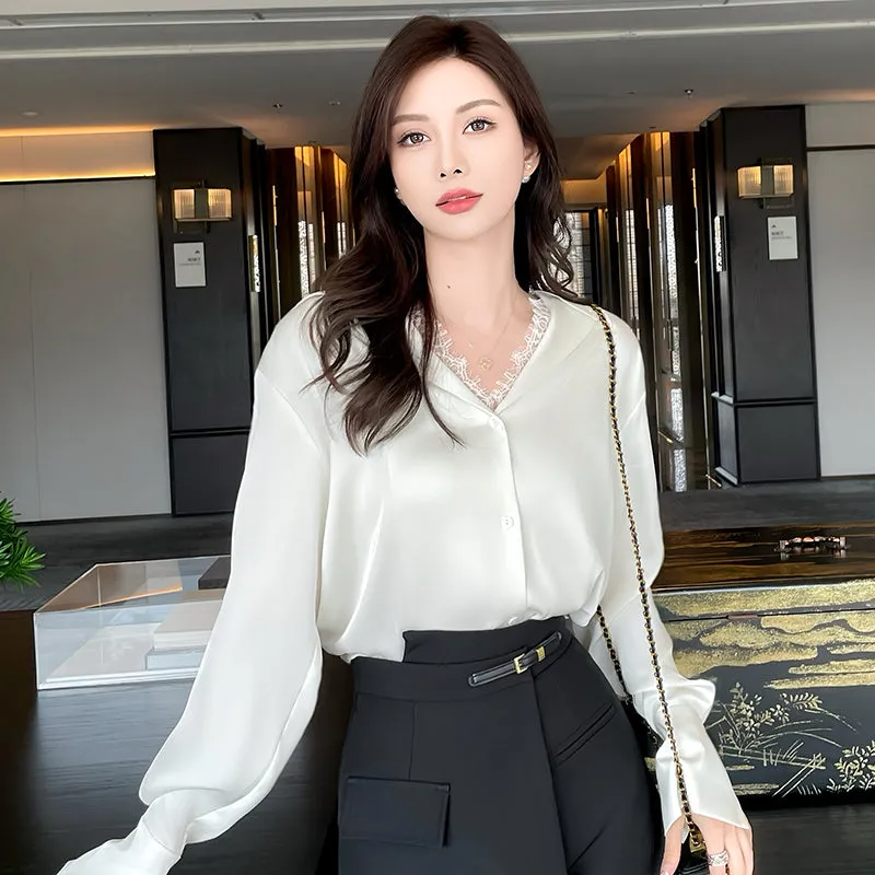 Women's Long Sleeve Satin Blouse Featuring Delicate Lace Trim