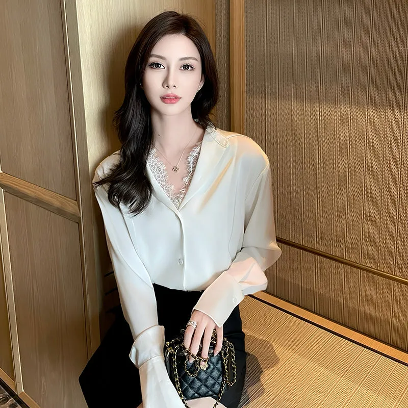 Women's Long Sleeve Satin Blouse Featuring Delicate Lace Trim
