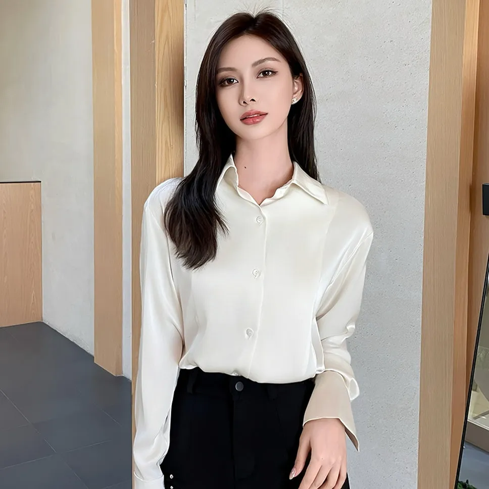 Women's Long Sleeve Satin Blouse Featuring Delicate Lace Trim