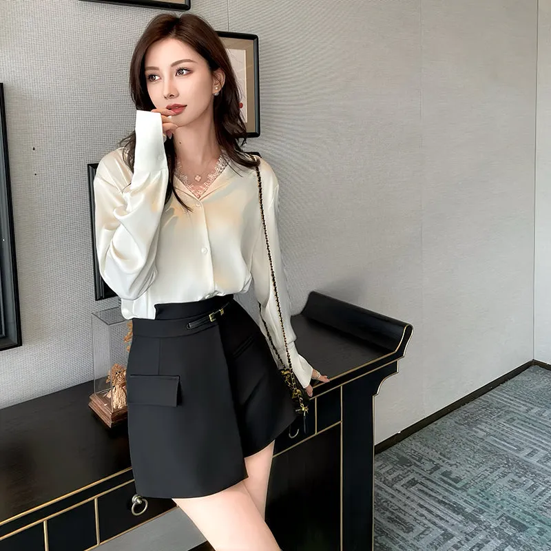 Women's Long Sleeve Satin Blouse Featuring Delicate Lace Trim
