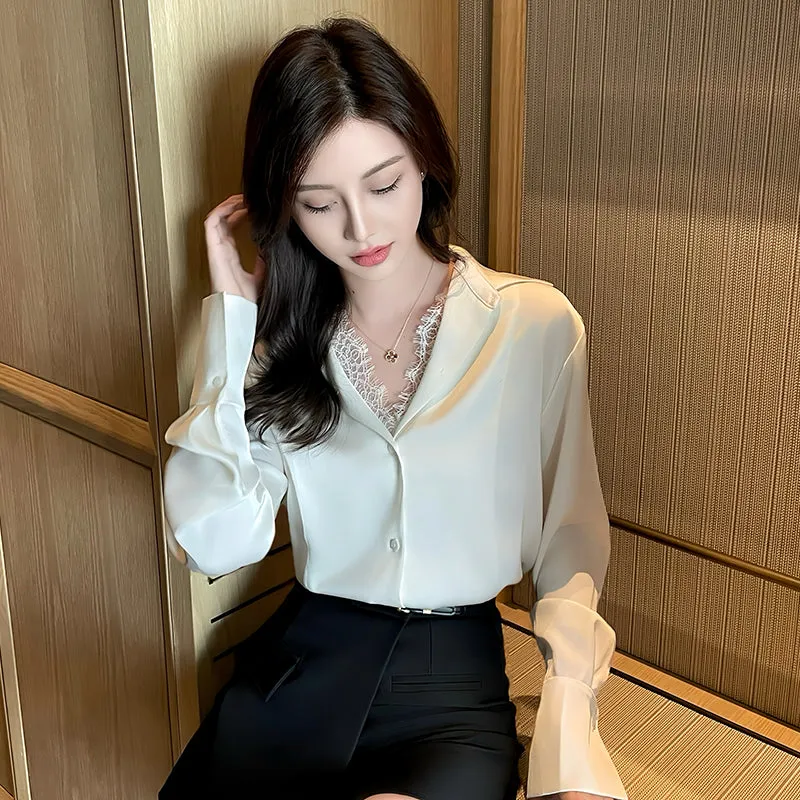 Women's Long Sleeve Satin Blouse Featuring Delicate Lace Trim