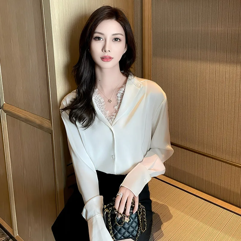 Women's Long Sleeve Satin Blouse Featuring Delicate Lace Trim