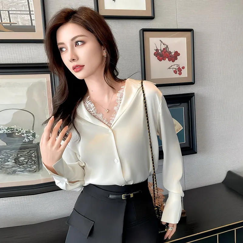 Women's Long Sleeve Satin Blouse Featuring Delicate Lace Trim