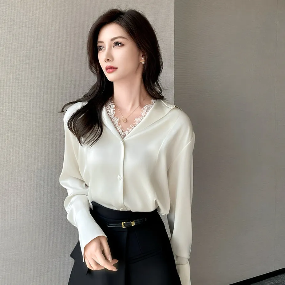 Women's Long Sleeve Satin Blouse Featuring Delicate Lace Trim
