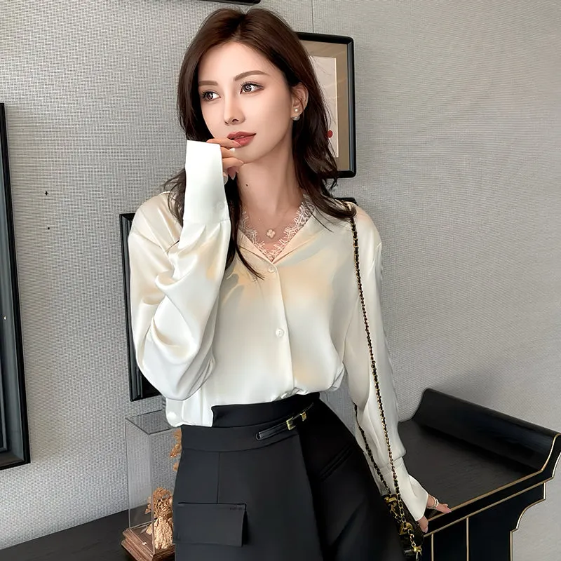 Women's Long Sleeve Satin Blouse Featuring Delicate Lace Trim
