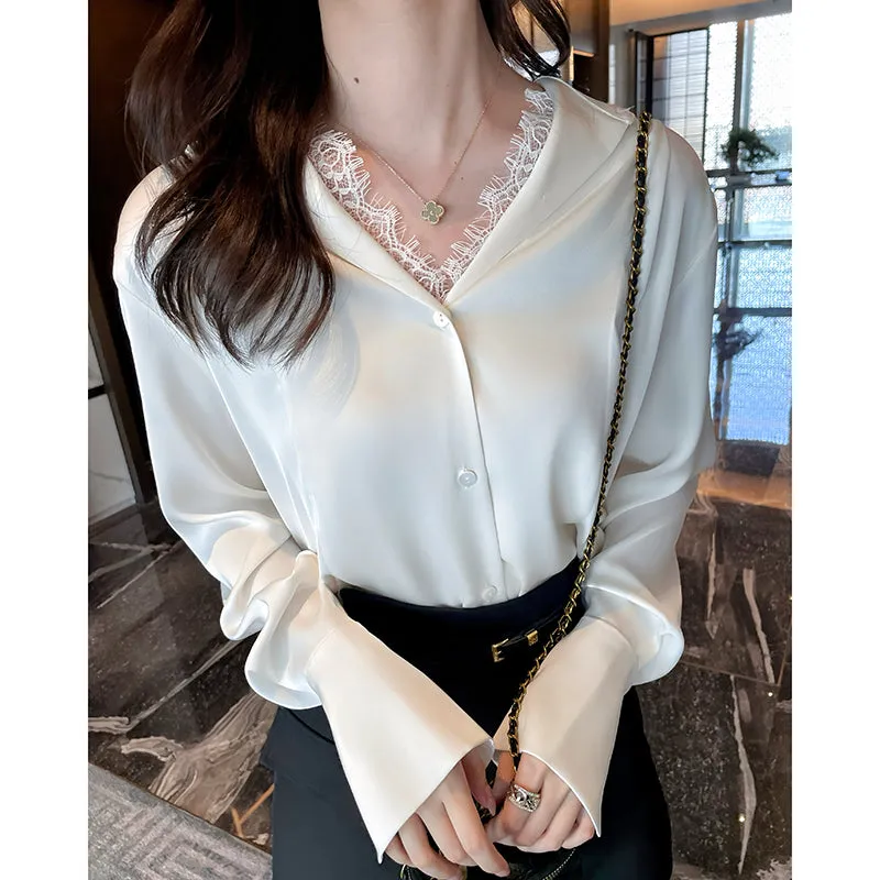 Women's Long Sleeve Satin Blouse Featuring Delicate Lace Trim