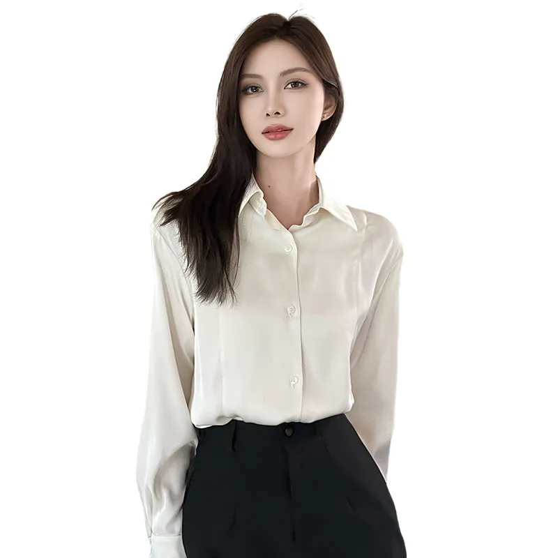 Women's Long Sleeve Satin Blouse Featuring Delicate Lace Trim
