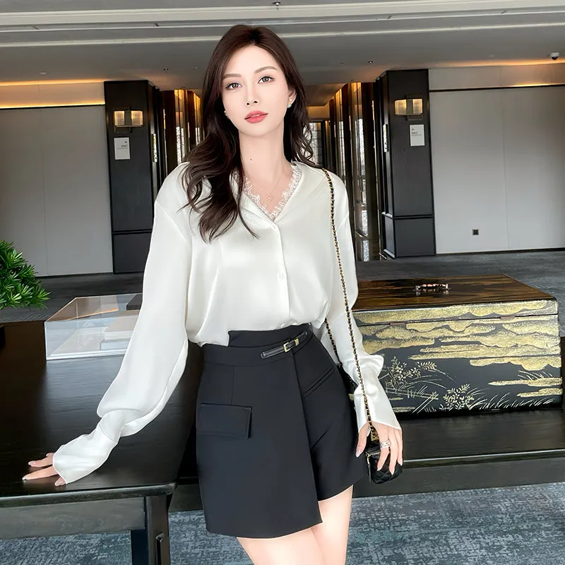 Women's Long Sleeve Satin Blouse Featuring Delicate Lace Trim
