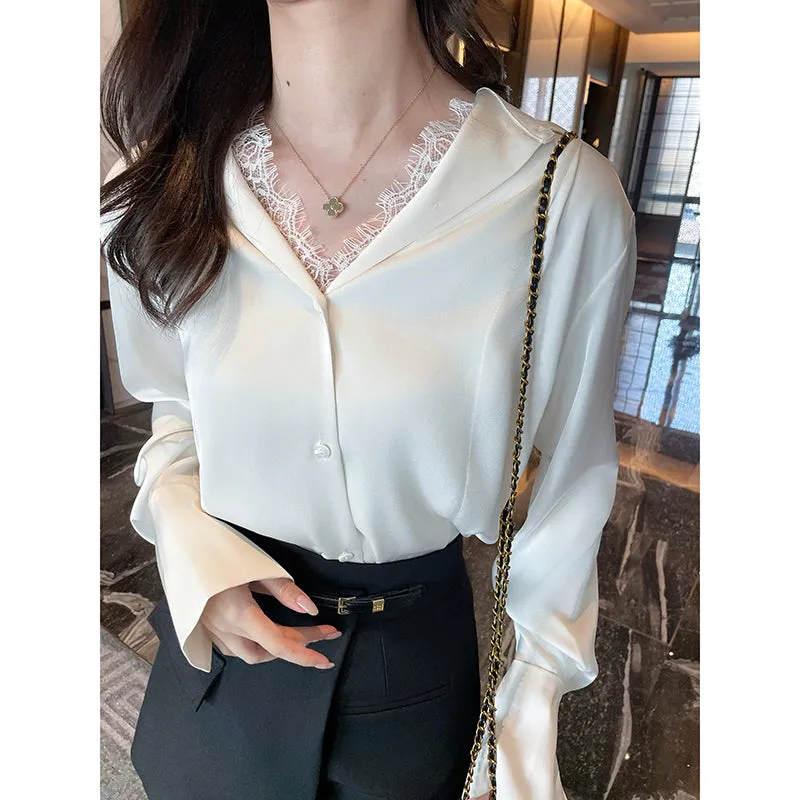 Women's Long Sleeve Satin Blouse Featuring Delicate Lace Trim