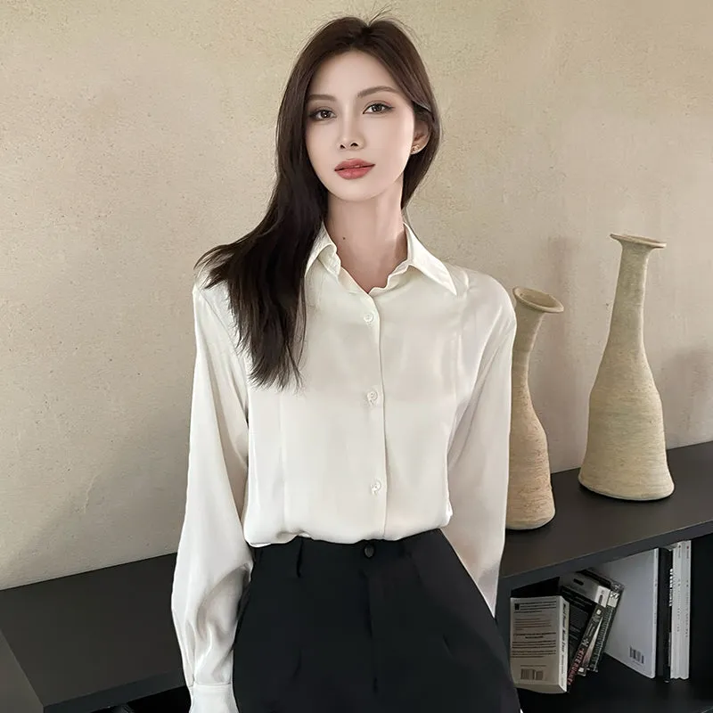 Women's Long Sleeve Satin Blouse Featuring Delicate Lace Trim