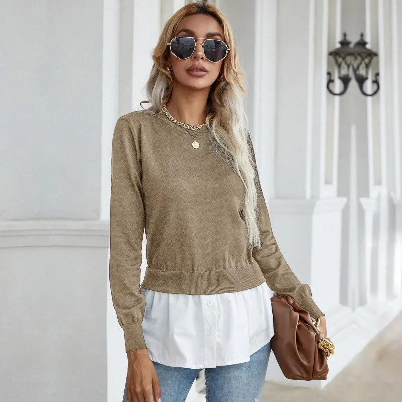 Women's slim knitted stitching shirt fake two-piece sweater