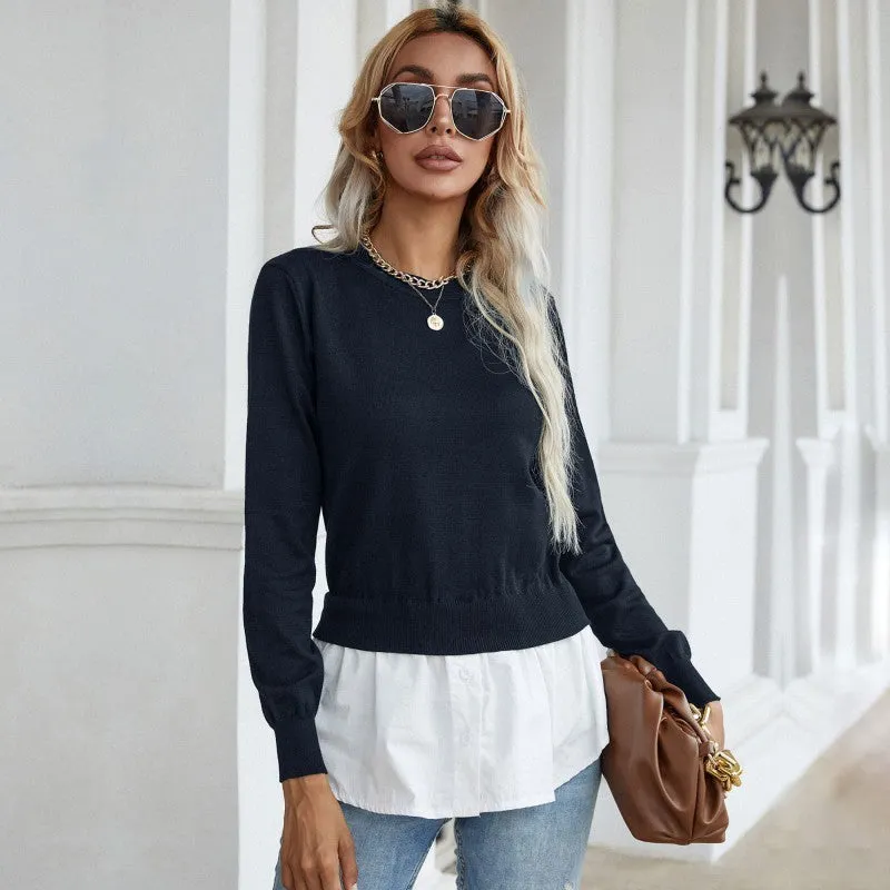 Women's slim knitted stitching shirt fake two-piece sweater