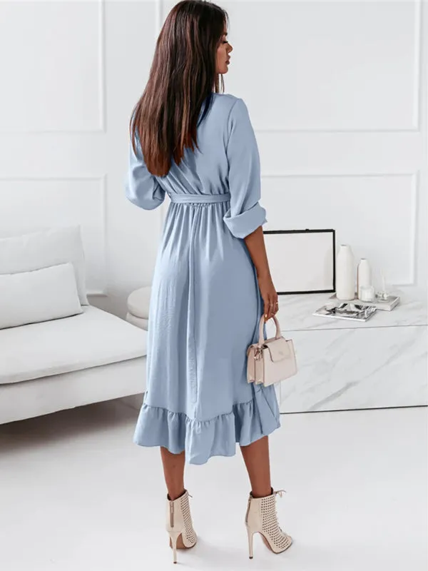 Wrap Long Sleeve Dress with Ruffle Hem and Belted Waist
