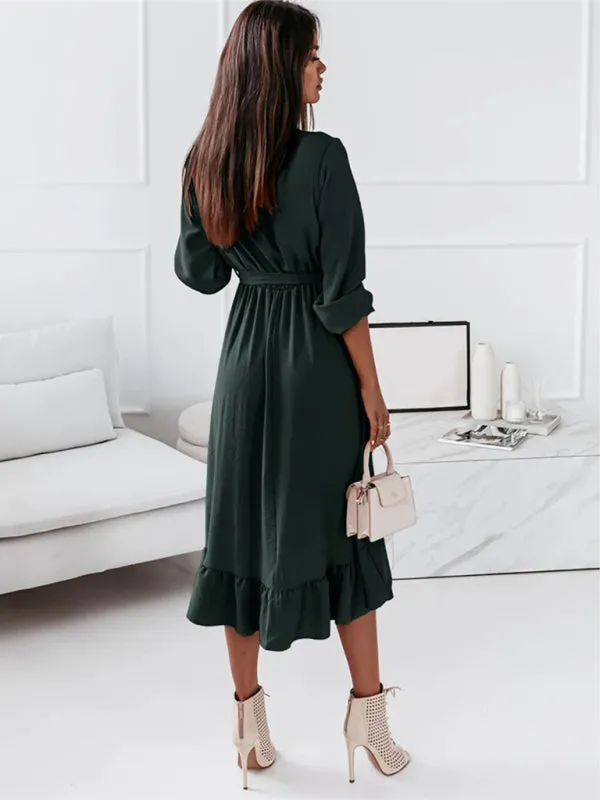 Wrap Long Sleeve Dress with Ruffle Hem and Belted Waist