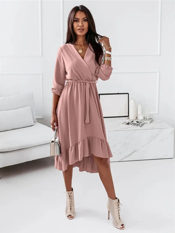 Wrap Long Sleeve Dress with Ruffle Hem and Belted Waist