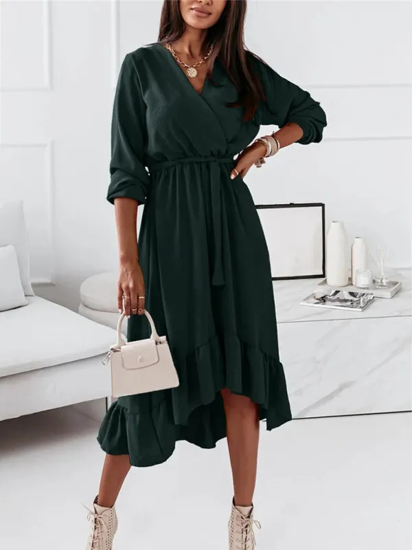 Wrap Long Sleeve Dress with Ruffle Hem and Belted Waist