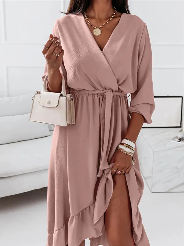 Wrap Long Sleeve Dress with Ruffle Hem and Belted Waist
