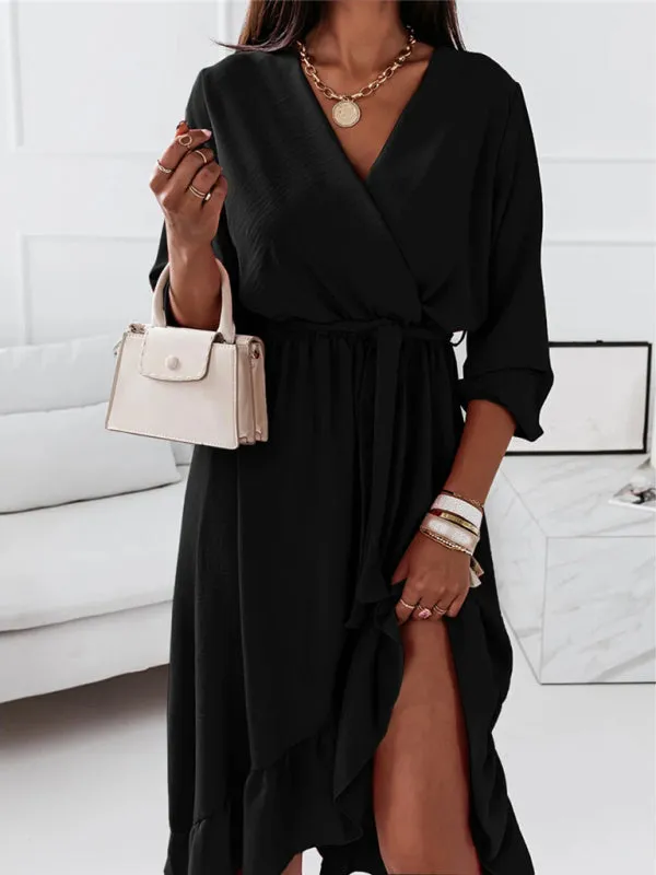 Wrap Long Sleeve Dress with Ruffle Hem and Belted Waist