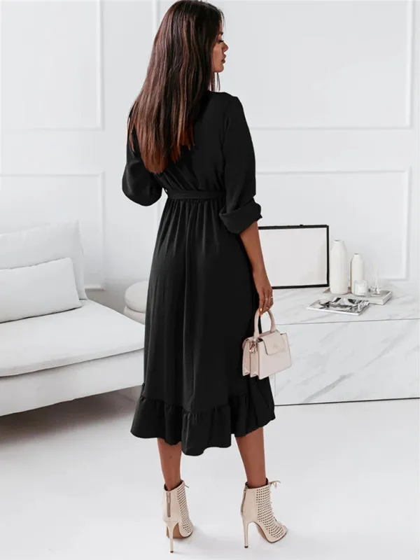 Wrap Long Sleeve Dress with Ruffle Hem and Belted Waist
