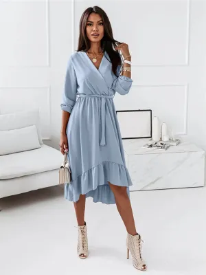Wrap Long Sleeve Dress with Ruffle Hem and Belted Waist
