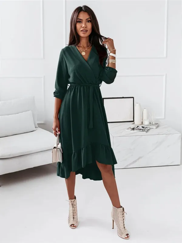 Wrap Long Sleeve Dress with Ruffle Hem and Belted Waist