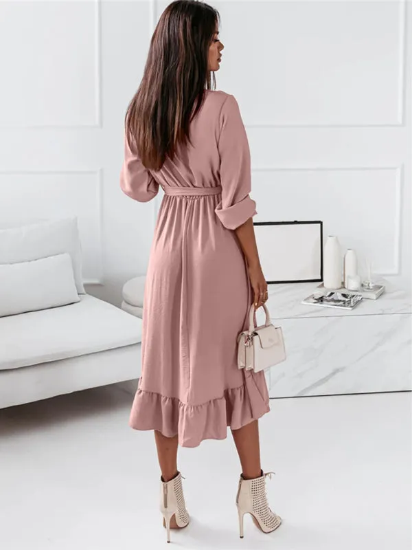 Wrap Long Sleeve Dress with Ruffle Hem and Belted Waist