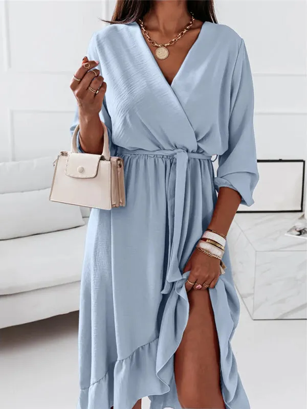 Wrap Long Sleeve Dress with Ruffle Hem and Belted Waist