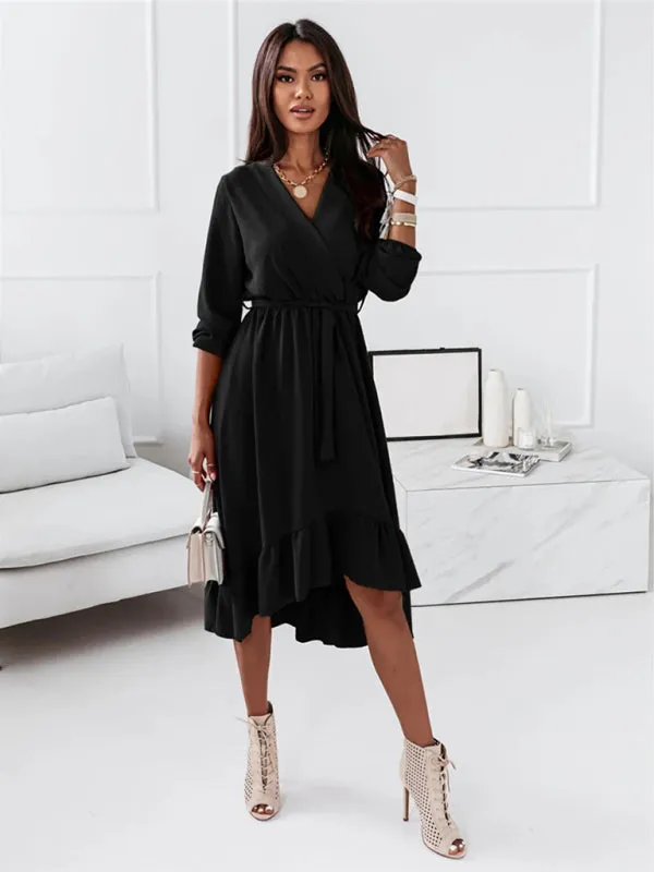 Wrap Long Sleeve Dress with Ruffle Hem and Belted Waist
