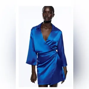 Zara Blue Satin Wrap Dress