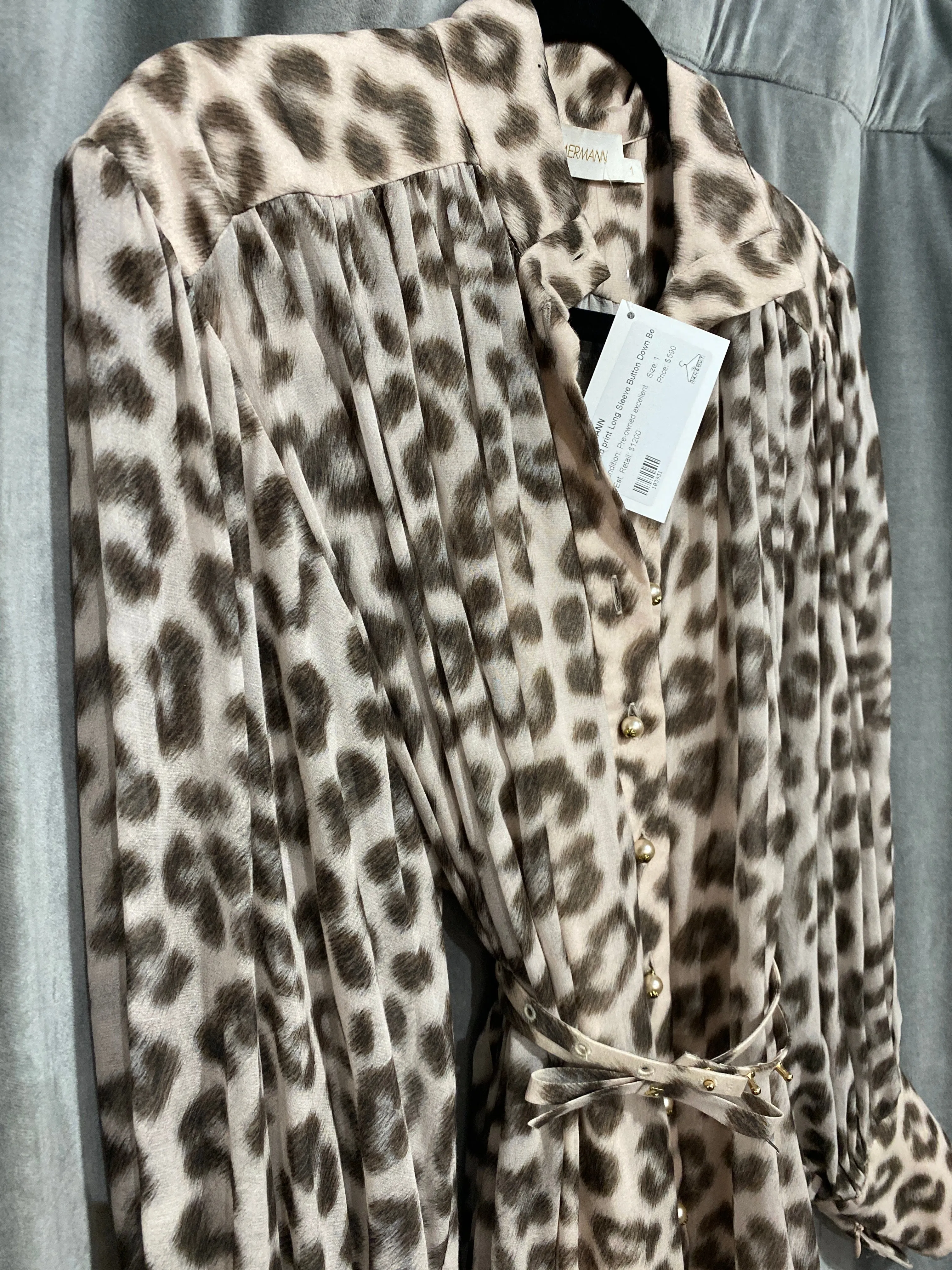 ZIMMERMANN Leopard print Long Sleeve Button Down Belted Short Dress