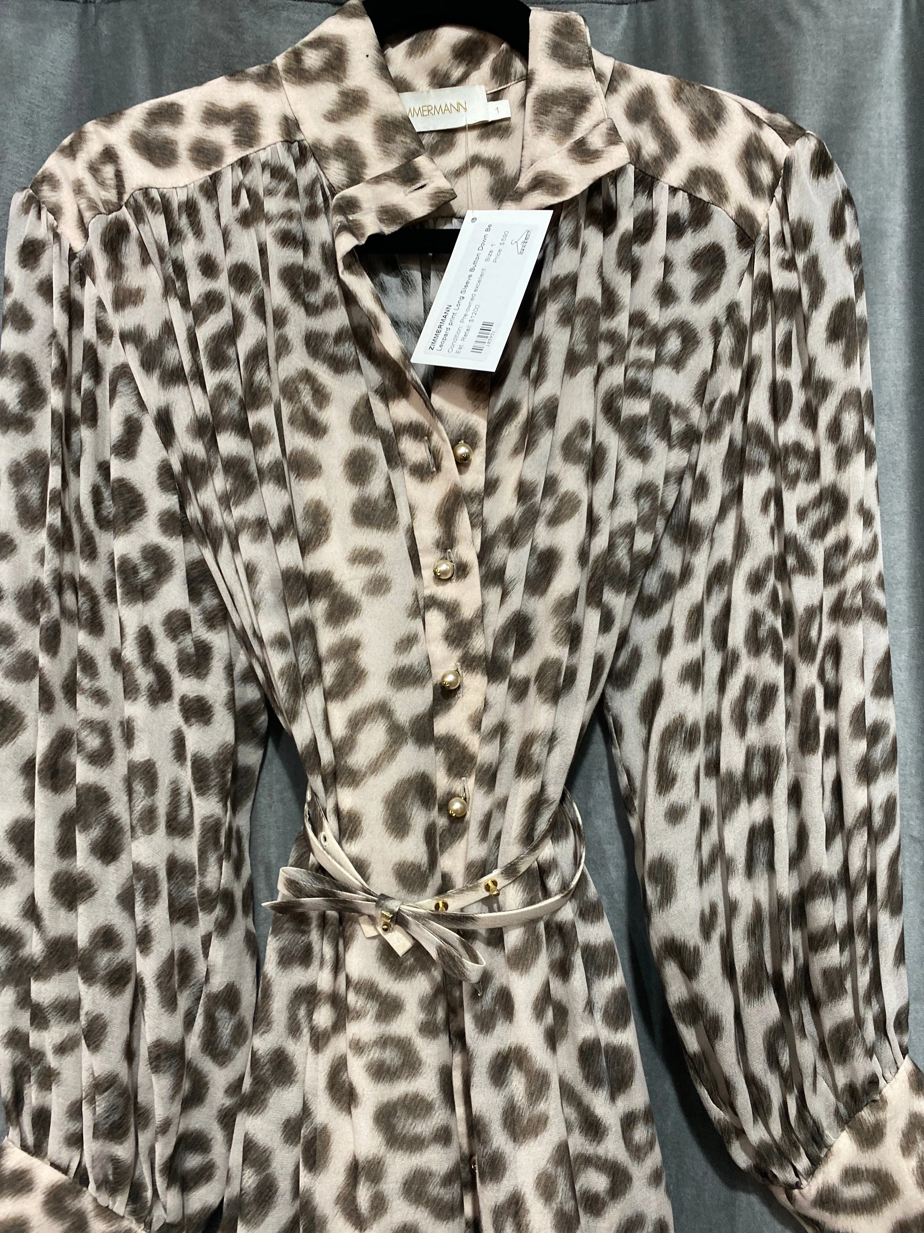 ZIMMERMANN Leopard print Long Sleeve Button Down Belted Short Dress